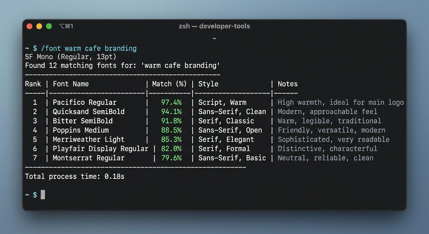 Terminal workflow showing font recommendation results flowing from the /font command
